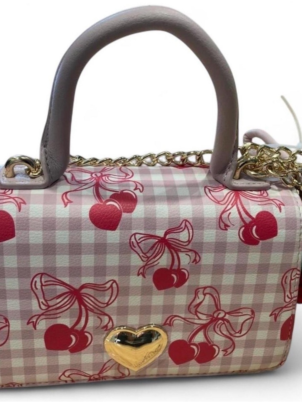 Betsey Johnson Pink Gingham Cherry Heart-Accent Mini Bag